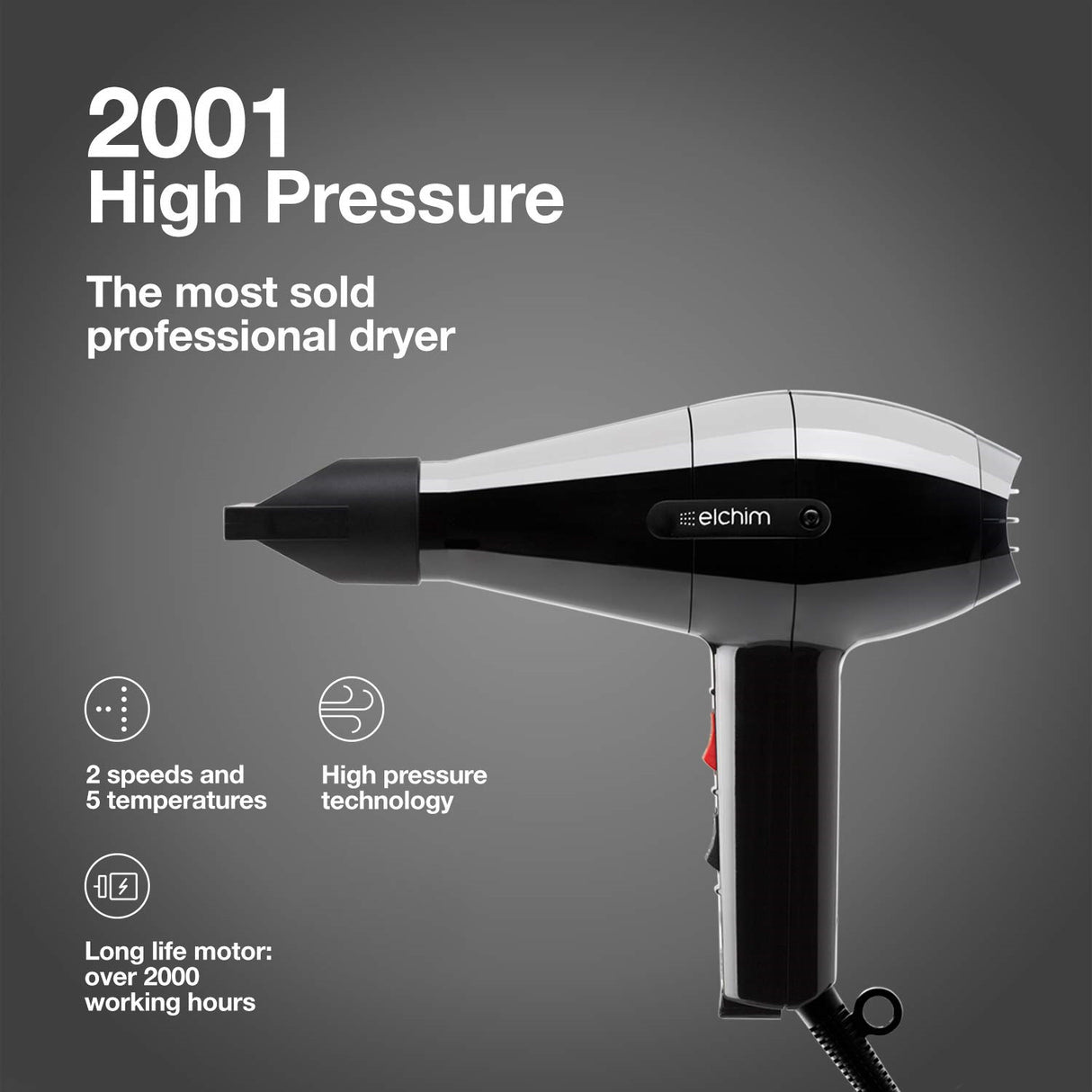 Elchim 2001 High Pressure Hair Dryer - Black 